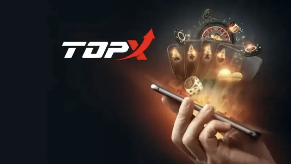 Celular na mão com cartas e fichas, ilustração da caixa de pagamentos da TopX